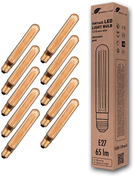 greenandco 10x LED Vintage Glühbirne zur Stimmungsbeleuchtung | dimmbar | E27 T30 | gold | 2,3W 65lm | 1800K extra warmweiß | 320° | 230V | flimmerfrei | Edison Glühbirne