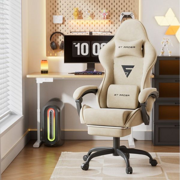Ferghana Gaming-Stuhl Gaming-Stuhl: Kopfstütze, Lendenkissen, Armlehnen, Fußstütze (Packung), Ergonomischer PC-Stuhl,Rückenlehne 90°-125°