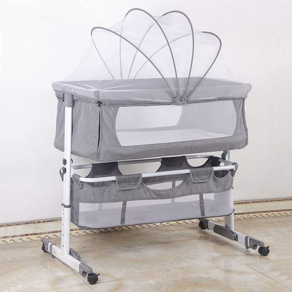 Beistellbett 3 in1 Babybetten Tragbar Babybett mit atmungsaktivem, Verstellbarer Stubenwagen Beistellbett mit Aufbewahrungskorb, 92 x 58 x 70–90 cm - Cremeweiß