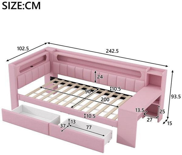 Ulife Polsterbett Tagesbett Kinderbett mit LED-Beleuchtung und Schreibtisch (1-tlg, Ohne Matratze), mit zwei Schubladen, weiß, 90x200cm