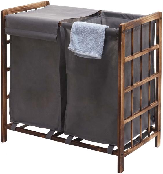 Wäschesammler HWC-B60, Laundry Wäschebox Wäschekorb, Massiv-Holz 2 Fächer 60x60x33cm 68l ~ braun, Bezug grau