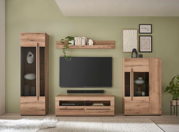 Home affaire Wohnwand Cantara, moderne Anbauwand, Wohnzimmer-Set, in Eiche Evoke oder Weiß, (Set), enthält zwei Vitrinen, ein Lowboard und ein Wandboard