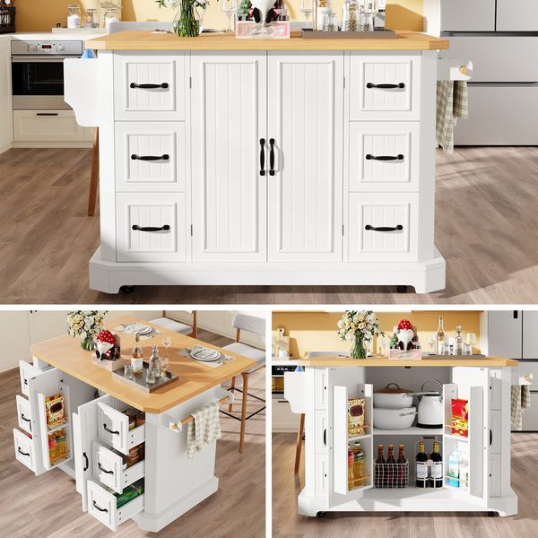 Kücheninsel mobil, Küchenschrank, Küchenwagen mit 2 Türen & 6 Schubladen, rollbar, (120x45(75)x91 cm), Weiß/Schwarz