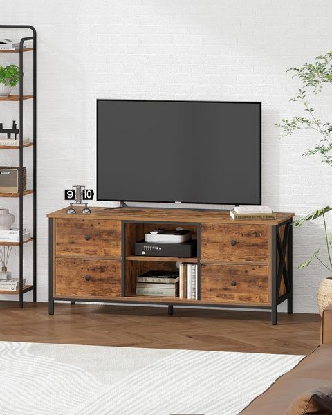 TV-Schrank mit 4 Schubladen, TV-Ständer für TV-Geräte unter 55 Zoll, mit 2 offenen Fächern, 40 x 120 x 50 cm, Fernsehschrank für Wohnzimmer, Schlafzimmer, Vintagebraun-Schwarz