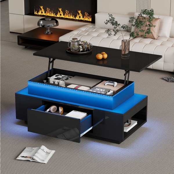 Merax Couchtisch höhenverstellbar Sofatisch Beistelltisch mit LED-Beleuchtung (1-St, Kaffeetisch 96x45x40cm), Lift-Top Wohnzimmertisch mit Schublade,Stauraum & Hochglanz-Oberfläche