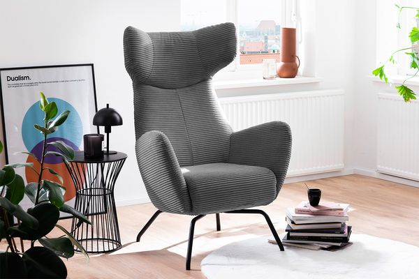 KAWOLA Sessel LOTTE Ohrensessel Cord grau 117 x 82 x 79 cm