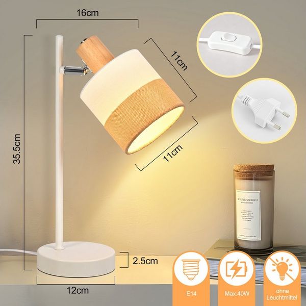 ZMH Tischleuchte E14 Stoff Vintage Weiß/Schwarz - Holz Wohnzimmer Tischlampe, ohne Leuchtmittel, verstellbare Nachttischlampe mit Stecker und Schalter
