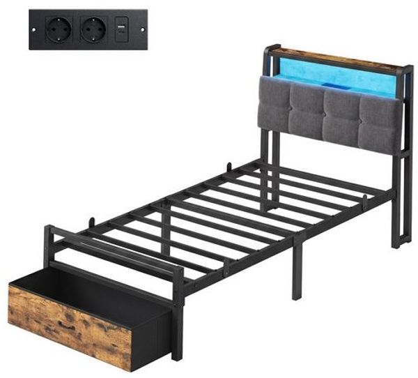 VASAGLE Bettgestell 90 x 200 cm, mit Schublade, LED-Beleuchtung, Schlafzimmer, Kopfteil, schwarz-braun