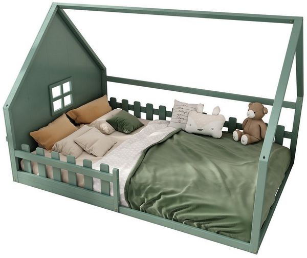 Flieks Massivholzbett, Kinderbett Hausbett Doppelbett 140x200cm mit Lattenrost und Zaun