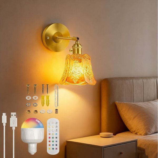 MUPOO Wandleuchte Retro Wandleuchte Innen,Led Gold Wandlampe Vintage mit Schalter E26/27, Kabellose,mit Fernbedienung,Dimmbar,Wiederaufladbar/Batteriebetrieben