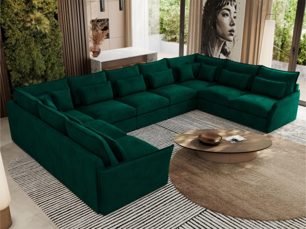 XXL U-förmige Ecksofa, modulares Ecksofa mit losen Kissen, Wohnlandschaft, universelles Ecksofa für das Wohnzimmer - VERSO U 9M - Dunkelgrün Velours