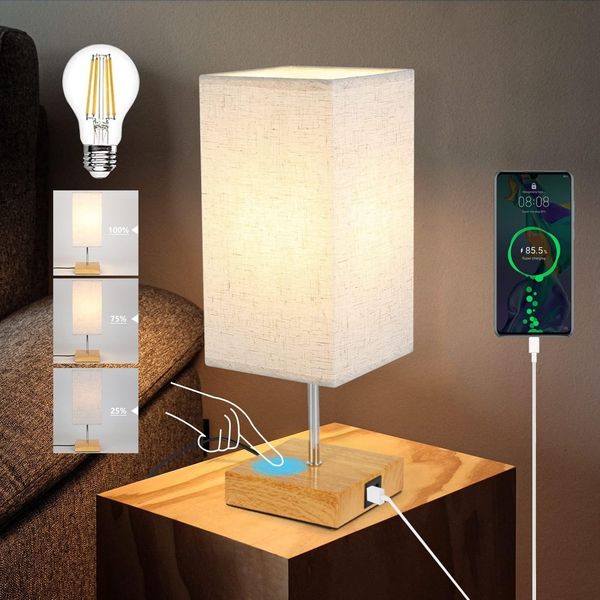 ZMH Tischlampe Dimmbar Touch Nachttischlampe - USB Vintage Schreibtischlampe mit Ladefunktion E27 Aufladbar Nachtlicht mit Stoff Lampenschirm für Schlafzimmer Geschenk Esszimmer Wohnzimmer