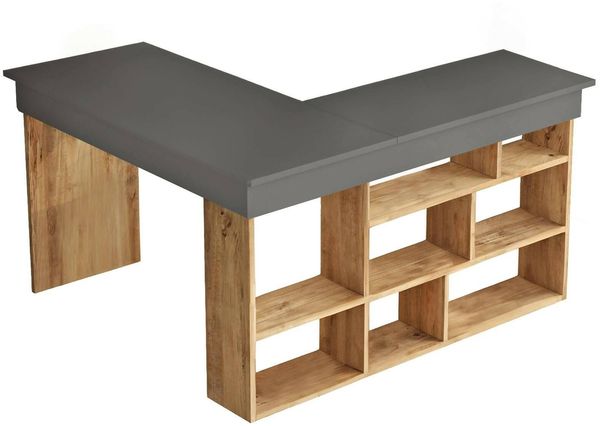 Dmora Schreibtisch Altin, Mehrzweckschreibtisch, Bürotisch für PC, Eckschreibtisch, 129x120h72 cm, Eiche und Schwarz