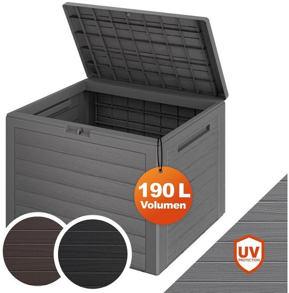 Casaria Auflagenbox Lille (1 St), 190L UV-beständig Griffmulden Verschließbar Balkon Holz-Optik Grau