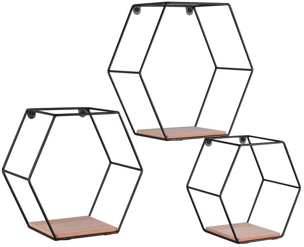 Wandregal 3er-Set Sarah, Holz, Metall, Schwarz, Holzfarben