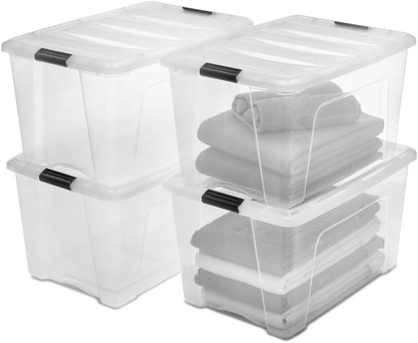 Iris Ohyama, Aufbewahrungsbox aus Kunststoff, 45 L, Büro-Aufbewahrungsbox, 4er-Set, DDNTB-45, Transparent, Stapelbar, Verschlussclips, B58 x T39,5 x H30,5 cm