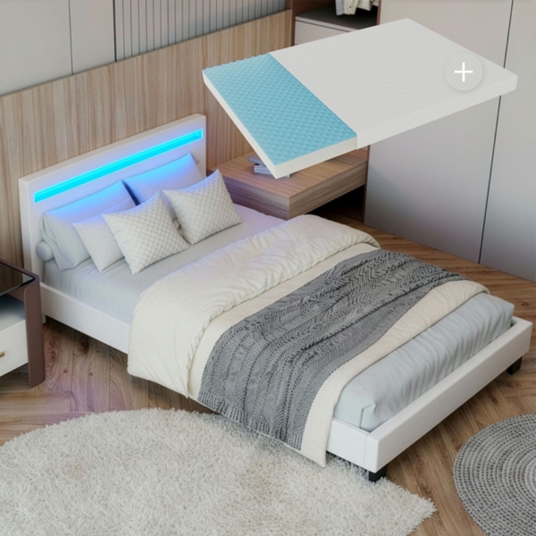 Juskys 'Paris' Polsterbett mit LED-Beleuchtung, Kunstleder, Weiß, 90x200 cm, mit Matratze