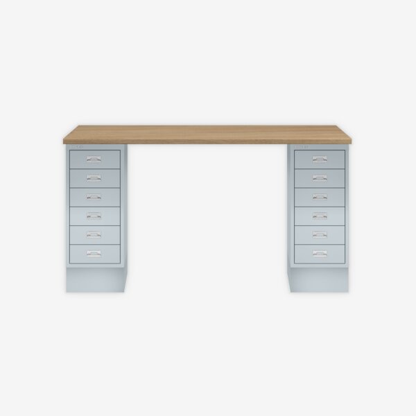 MultiDesk, 2 MultiDrawer mit 6 Schüben, Dekor natürliche Eiche, Farbe Lichtgrau, Maße: H 740 x B 1400 x T 600 mm