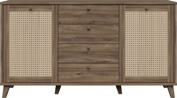 Forte GLENKEEN Sideboard 160, Sideboard im Boho-Stil mit Rattangeflecht, 4 Schubladen, 2-türig, Holzwerkstoff, Valencia Eiche Holzdekor| Naturrattan, 159,2 cm breit x 87,2 cm hoch x 42 cm tief