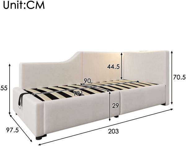 Sofa-Bett Daybed mit Leselampe & USB-C Laden - Beiges Samt Daybed 90x190 cm, hydraulisch, Stauraum, Gästebett Bild 10