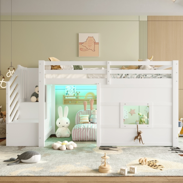 Merax Hochbett Etagenbett 90x200cm mit Rausfallschutz, Kinderbett Hausbett mit Led, Einzelbett Holzbett mit Fenster, Kinderbett Stockbett, Weiß