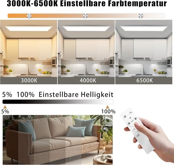 ZMH LED Deckenleuchte LED 3000-6500K dimmbar 100/120cm Schwarz/Weiß Deckenlampe, Augenschutz, LED fest integriert, warmweiß, neutralweiß, kaltweiß, 24W Rechteckig 2900LM Timer Memory Bürolampe Bild 4