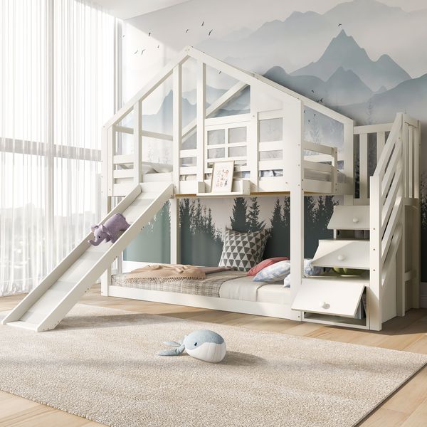 Kinder Hochbett Baumhaus mit Rutsche und Aufbewahrung, Weiß 90×200 cm, Etagenbett mit Treppe und Schubladen