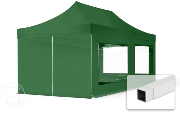 3x6 m Faltpavillon, ECONOMY Stahl 30mm, Seitenteil mit Panoramafenster, dunkelgrün