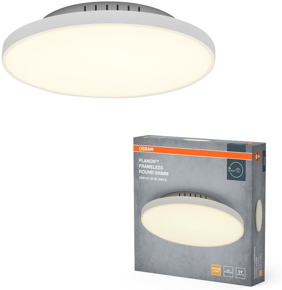 Osram Planon Frameless Round rahmenlose Panelleuchte in Weiß mit fortschrittlicher LED-Technik, 19 W, runde Form (300 mm Durchmesser), warmweiße Lichtfarbe bei 3000 K, Aluminium-Gehäuse