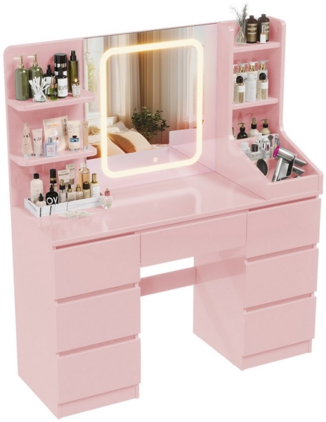 Furnicopia Schminktisch Einstellbare Helligkeit mit 7 Schubladen und 8 offenen Ablagefächern (Größe: 110 x 40 x 139 cm, Integrierte LED-Leiste mit einstellbaren drei Farbtemperaturen, Optional erhältlich mit Hocker mit Stauraum)