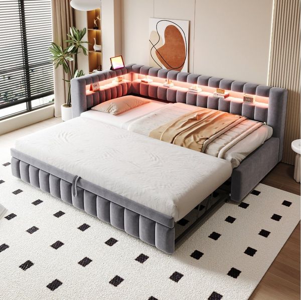 MODFU Schlafsofa mit Ausziehbett, Polsterbett mit LED-Beleuchtung & USB-Anschluss, Kinderbett 90x200/180x190 cm, ohne Matratze