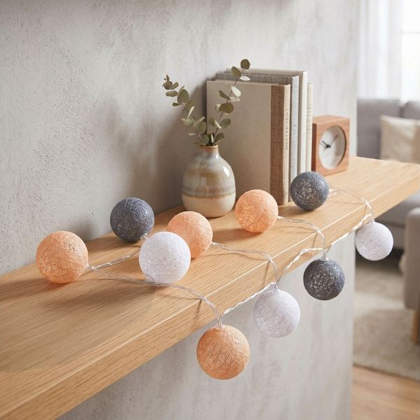 Levandeo® Lichterkette, 10er Lichterkette LED Kugeln Lampions Baumwolle Orange Weiß Cotton