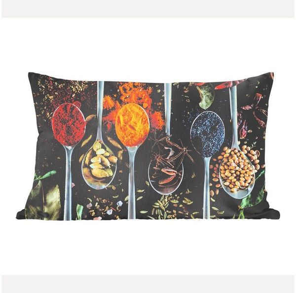 MuchoWow Dekokissen Kräuter - Löffel - Gewürze - Schwarz - Küche, Dekoration, Zierkissen, Kissen mit Füllung, 50x30 cm
