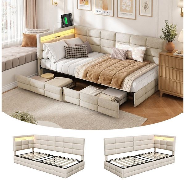 Furnishings Home Polsterbett LED Tagesbett Daybett 90x200 cm, Stauraumbett mit Kopfteil (Kopfteil beidseitig montierbar Geeignet für Jungen und Mädchen), mit Lattenrost und Ladefunktion, mit Komforthöhe, Leises Design Bett