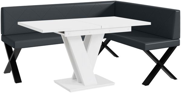 MEBLINI Eckbank für Esszimmer mit ausziehbarem Tisch - Küchenbank - Essecke - Sitzecke Küche - ERIC - X-Beine 128x168x87cm Rechts - Dunkelgrau Kunstleder/M Weiß Matt