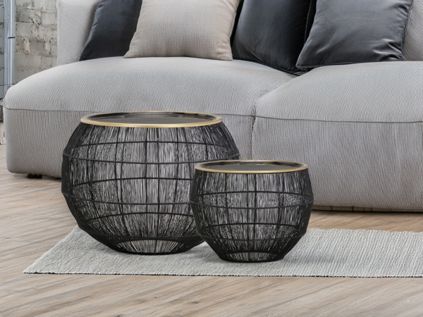 Couchtisch MIKA 2 teilig - Korbtisch Metall in Schwarz mit Goldakzenten