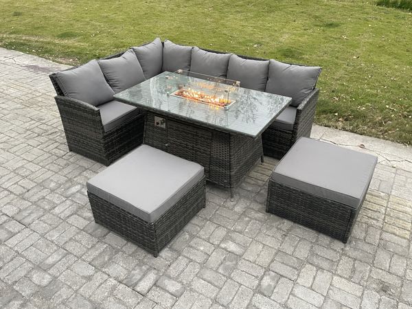 Fimous 8 Sitzer Outdoor Gartenmöbel-Set Hoher Rücken Ecksofa Gas Feuertisch Sets mit 2 Großer Hockern Dunkelgrau gemischt
