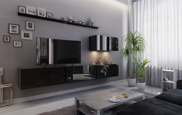 Mediawand Wohnwand 7 tlg - NEXI XL 7 - Schwarz Hochglanz und inkl. LED