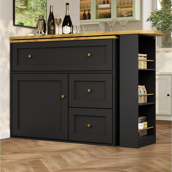 Flieks Bartisch 360° drehbar Stehtisch Kommode mit Schubladen, Türablage und Klappen (Länge 138-204/T39/H105 cm, 2-St, 2er Set), schwenkbar Küchenschrank Sideboard mit Tisch und Stauraum Kücheninsel
