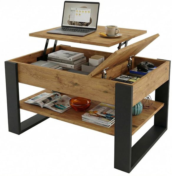 TREND WERK Couchtisch Lift-Couchtisch höhenverstellbar Sofatisch 92×54 cm mit Stauraum (verstecktem Fach Wohnzimmertisch Holz modern Wohnzimmertisch)