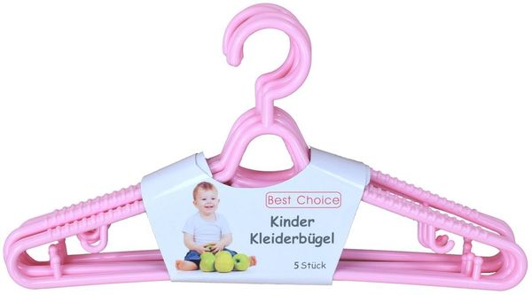 Kinder-Kleiderbügel 5 Stück 27,5cm blau, rosa oder weiß mit Hosenstange rosa