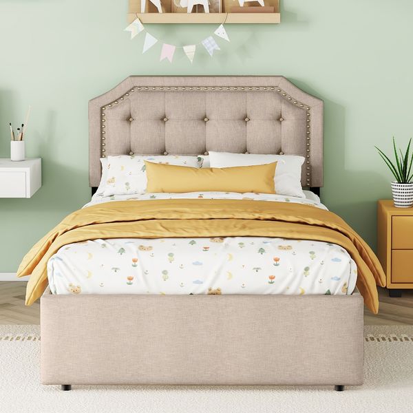 Merax Einzelbett, 90*200 cm Polsterbett, mit dekorativen Nieten, doppelte Schubladen, Dunkelbeige