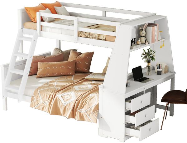 Massivholz Etagenbett 90x200cm + 140x200cm Weiß Kinderbett mit integriertem Schreibtisch, Staubschubladen & hohem Sicherheitsgeländer, Leiterposition wählbar, ohne Matratze