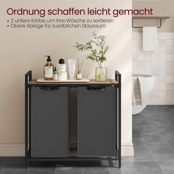 Vasagle Wäschekorb mit 2 Fächer, Metallrahmen Kamelbraun/Grau, 2x46 L / 73 x 33 x 72 cm Bild 2