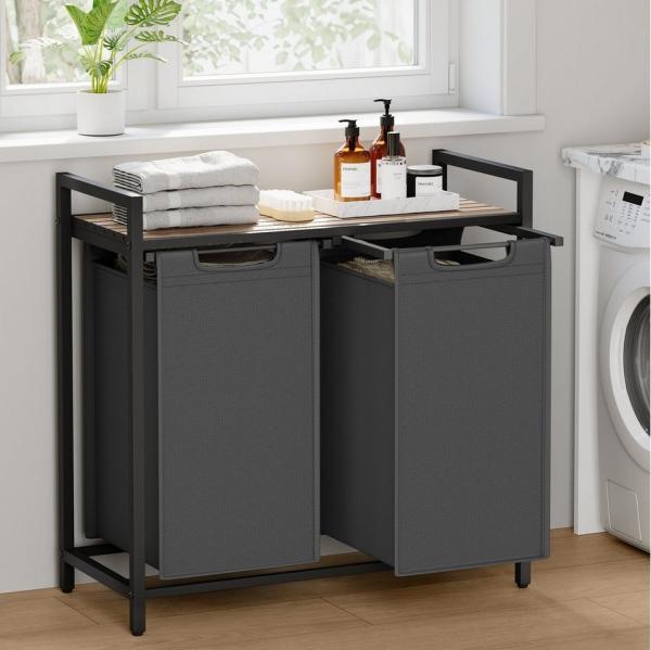 Vasagle Wäschekorb mit 2 Fächer, Metallrahmen Kamelbraun/Grau, 2x46 L / 73 x 33 x 72 cm Bild 1