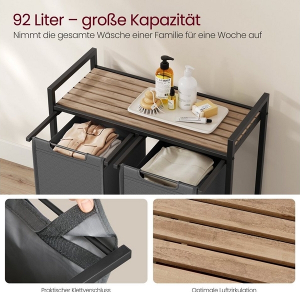 Vasagle Wäschekorb mit 2 Fächer, Metallrahmen Kamelbraun/Grau, 2x46 L / 73 x 33 x 72 cm Bild 3