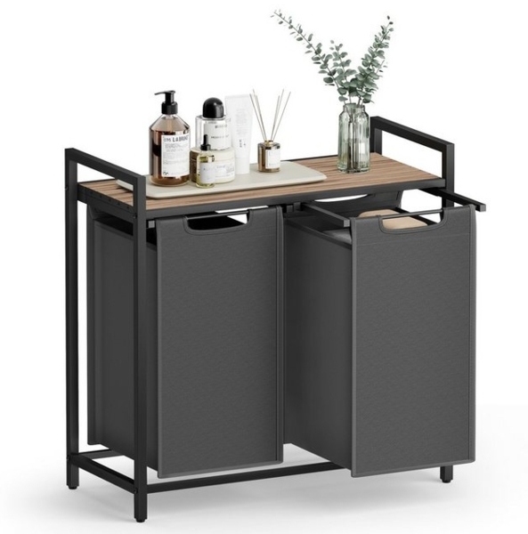 Vasagle Wäschekorb mit 2 Fächer, Metallrahmen Kamelbraun/Grau, 2x46 L / 73 x 33 x 72 cm Bild 4