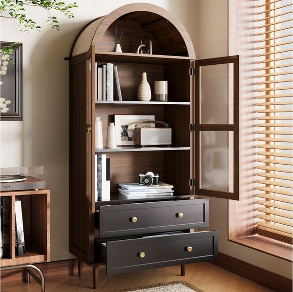 Merax Hochschrank Retro Sideboard Kommode mit walnussfarbener Holzmaserung (1-St) Aufbewahrungsschrank mit 2 gewölbter Glastür, 2 Schubladen,70×38×165cm