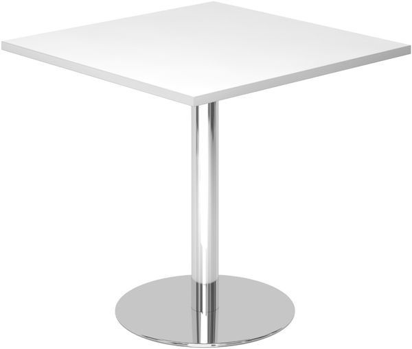 bümö Besprechungstisch klein, Tisch eckig 80x80 cm - kleiner Esstisch weiß, Rundtisch Esstisch 2 Personen mit Holz-Platte, Säule aus Metall verchromt, Konferenztisch, Bistrotisch, STF88-W-C