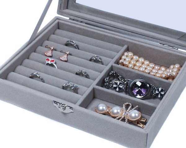 Yudu Aufbewahrungsbox Schmucktablett Schmucklade Schmuckkästchen mit Glasdeckel grau